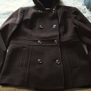 NWT Women's Rich Brown Double Breasted Hooded Peacoat Jacket w/Cashmere, Sz Med